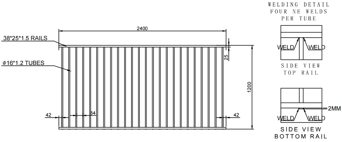 2 Rail Flat Top Fence Product Size