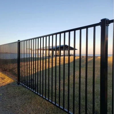 Black Powder Coated Flat Top Steel Fence Application