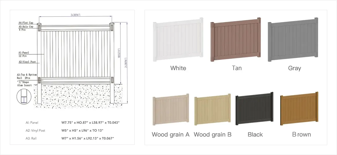 Vinyl Fence Panel Product Detailed Drawings and Color Options