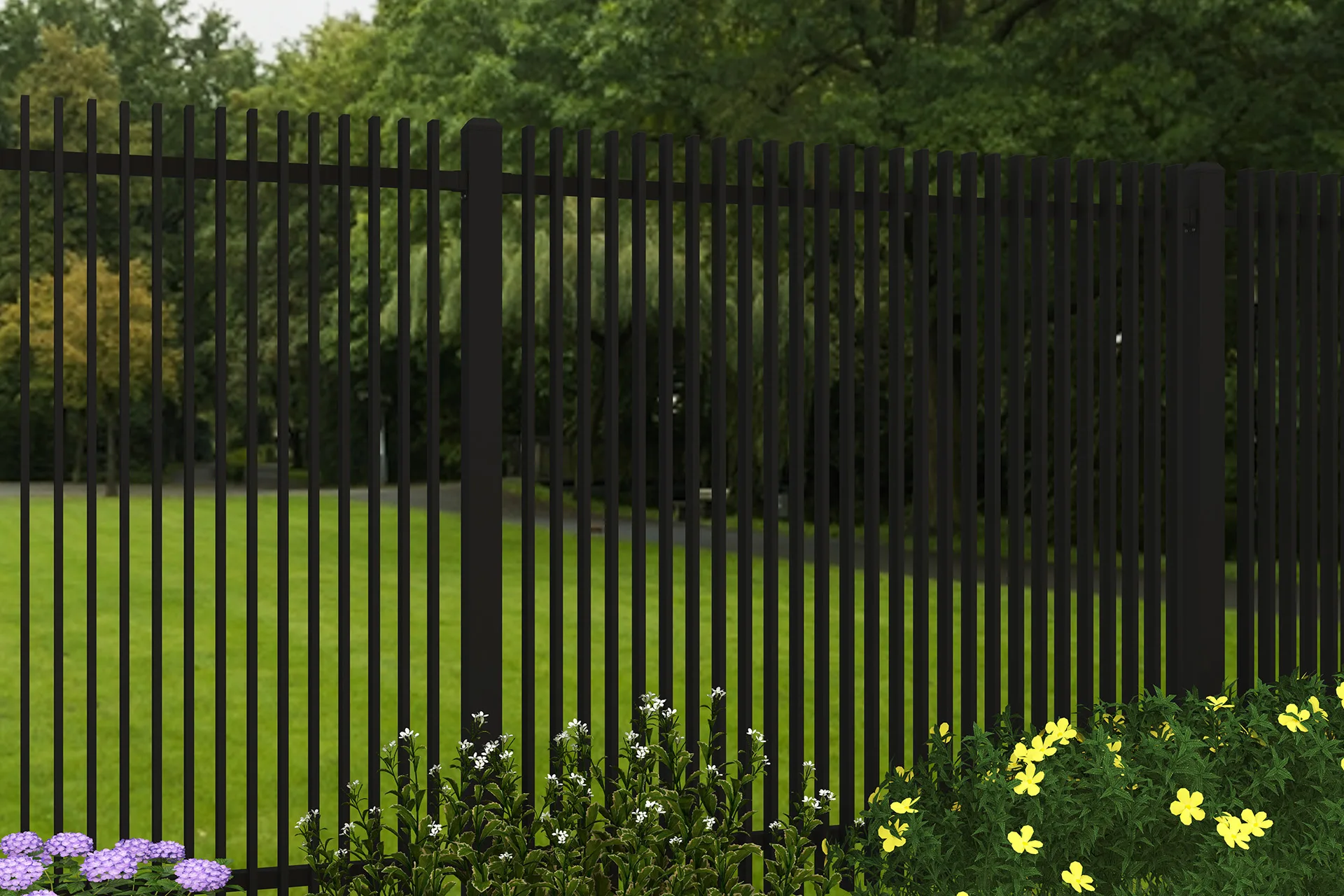 Metal Vertical Blade Fence Panel in garden