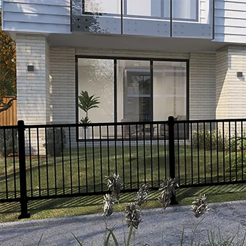 Black Powder Coated 2 Rail Flat Top Steel Fence Application