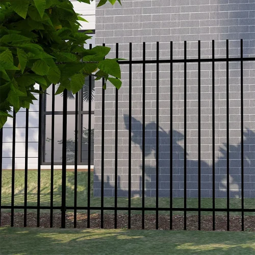 Black Powder Coated 2 Rail Steel Extended Picket Fence application