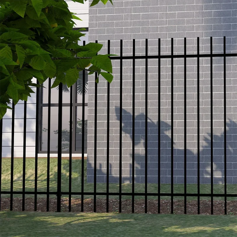 Black Powder Coated 2 Rail Steel Extended Picket Fence application