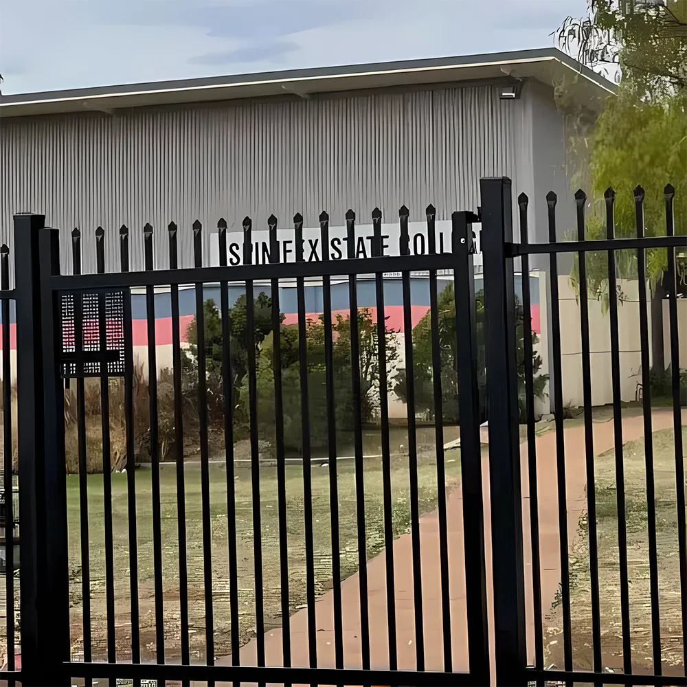 Black Powder Coated 2 Rail Steel Press Point Gate application