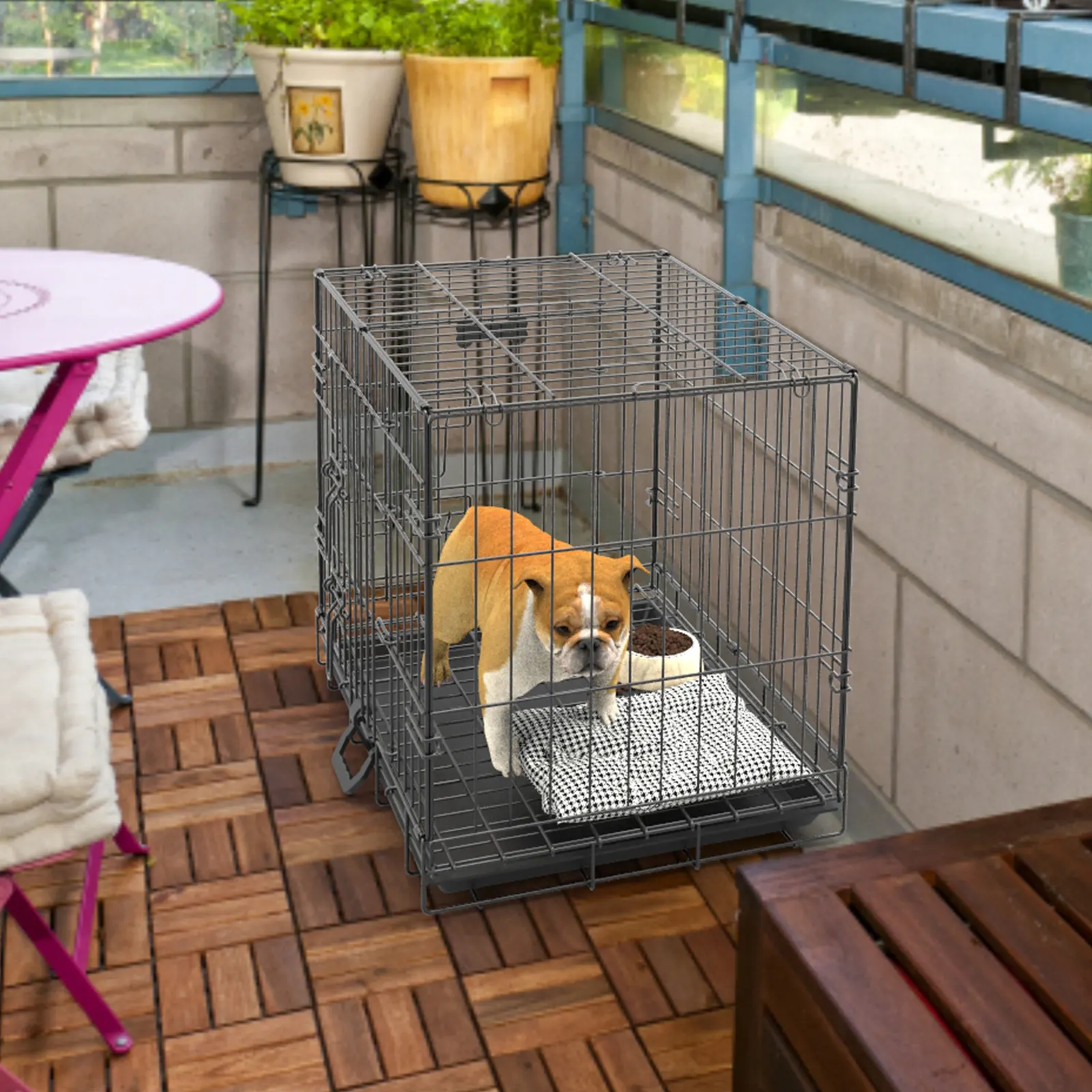 Foldable Wire Dog Crate on balcony
