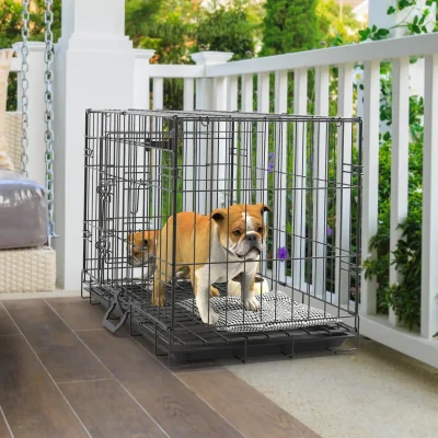 Black Foldable Wire Dog Crate on balcony