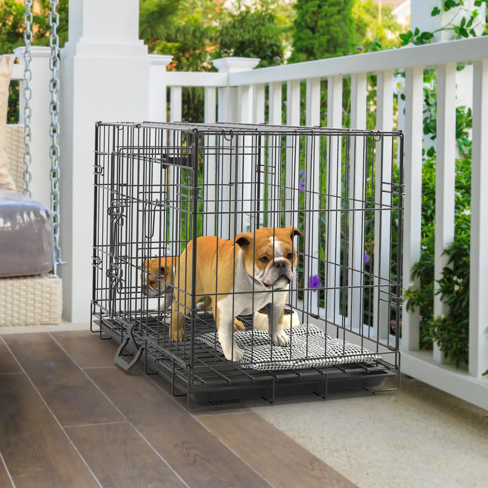 Black Foldable Wire Dog Crate on balcony