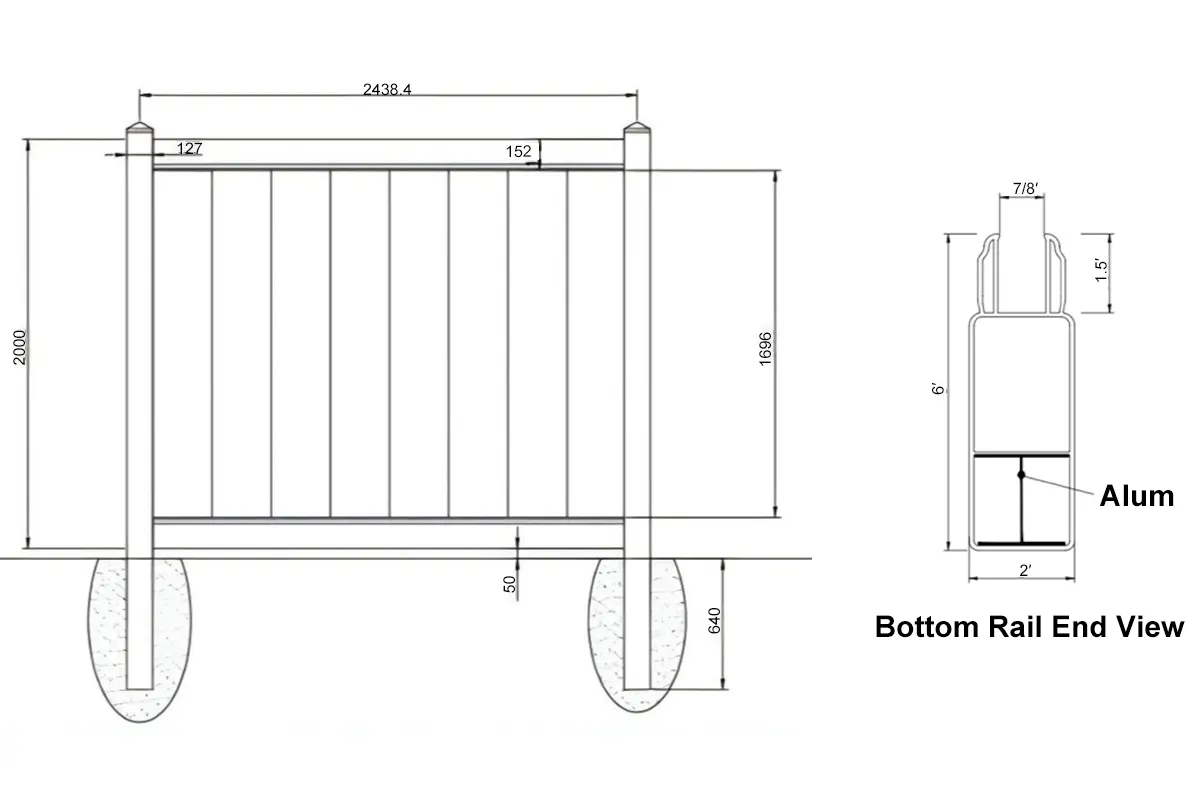 7ft Tall 2 Rails White Vinyl Privacy Fence Detail