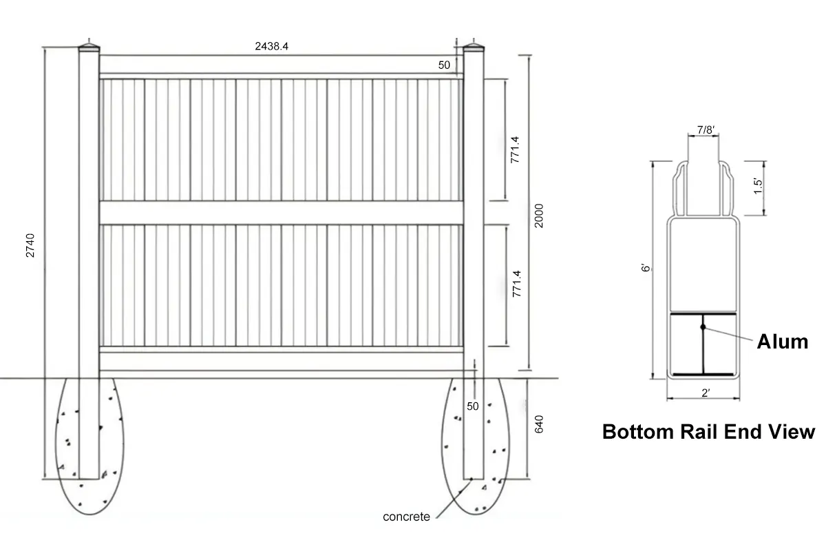 7ft Tall White 3 Rails Vinyl Privacy Fence Detail