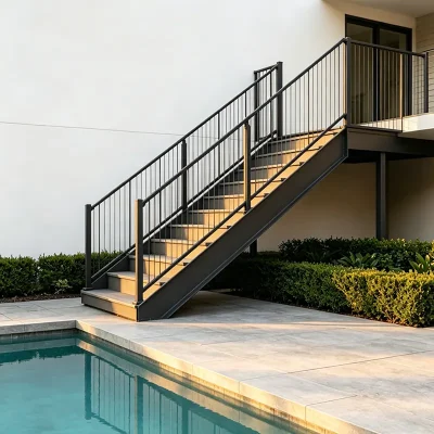 Adjustable Stair Railing with Vertical Cable Infill near pool